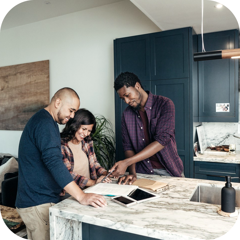 sales rep in kitchen with couple SQUARE sales rep in kitchen with couple SQUARE